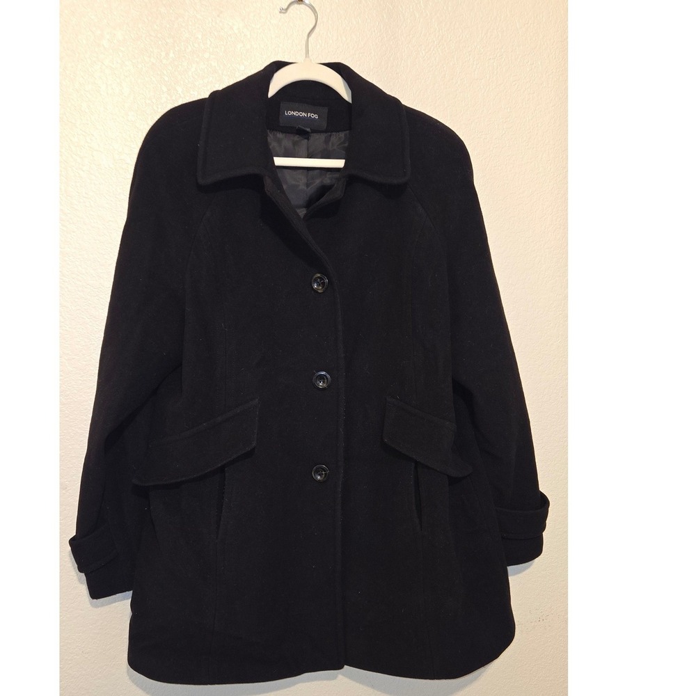 London Fog Womens Black Wool Blend Button Front Car Coat Jacket Size L